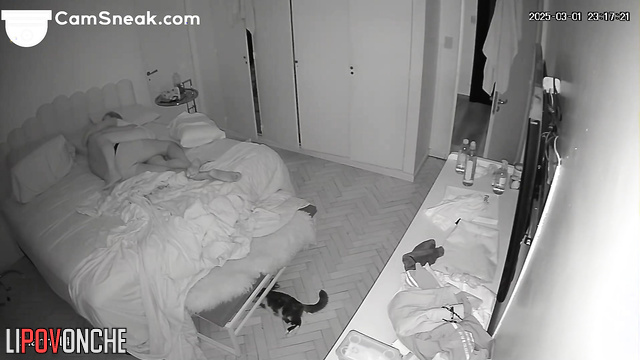 A cunning mistress keeps a bearded man awake with caresses and sex