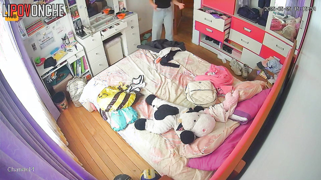 Petite brunette dressing in her room and she's in no hurry