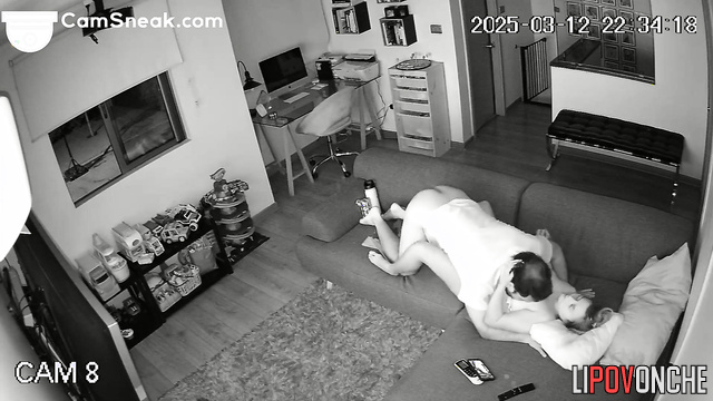 Couple having fun on a dirty sofa, living cam tape