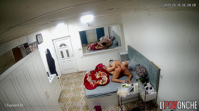 Bearded husband plays with tender nipples of his chubby wife