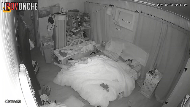 Old fart and naked tattoed whore together in his bed, look