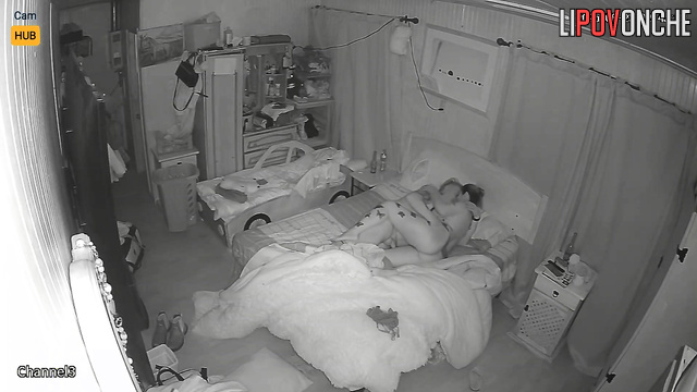 Old fart and naked tattoed whore together in his bed, look
