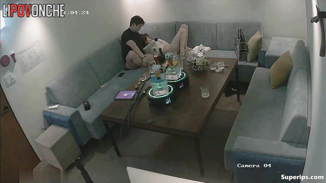 Drunk skinny Asian girl gives her boyfriend a blowjob at his place