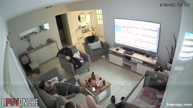 Excited husband actively masturbates in front of his seductive wife