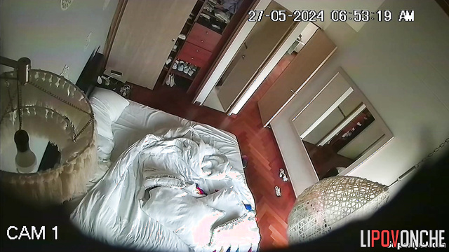 Naked teen making her bed after sleep, solo hidden cam