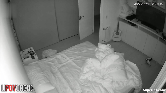The husband pulls down his underwear a little so that his wife can sit on his erect penis