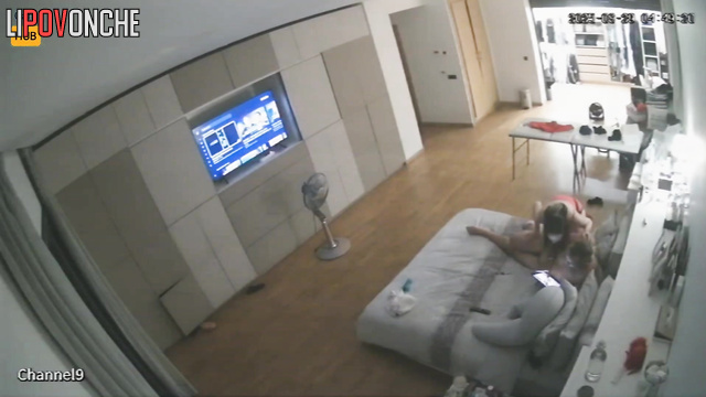 Whore sucking client's cock in huge living room, look
