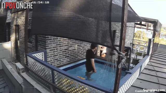 Asian couple swimming in their backyard pool, look