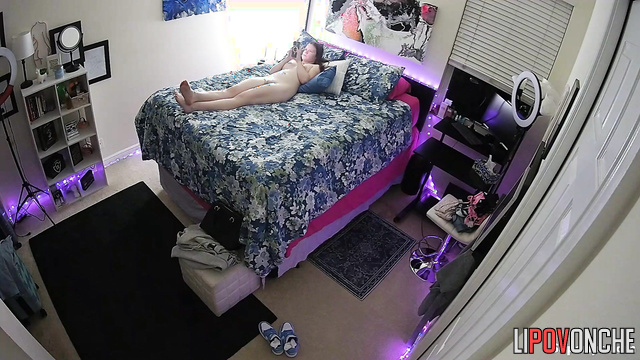 Naked teen having fun alone and doesn't suspect that someone is peeping