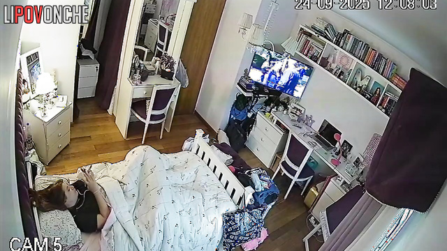 Girl enjoying herself and doesn't suspect that someone is peeping
