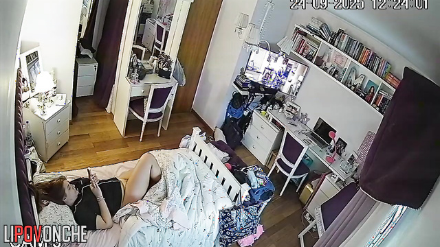 Girl enjoying herself and doesn't suspect that someone is peeping