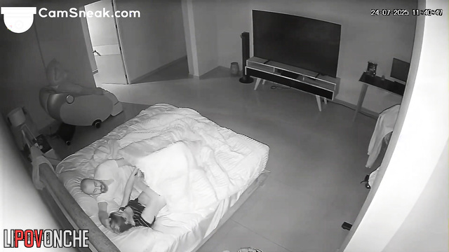Someone unseen observes this couple fucking hot in the closed room