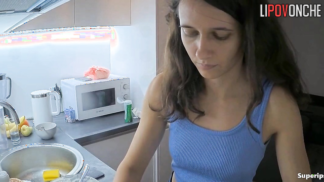 Awesome double orgasm right at the kitchen, spy cam