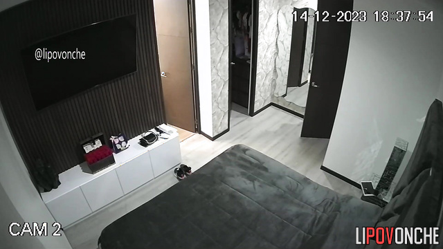 Young lady enjoying pink sex toy in her huge bedroom