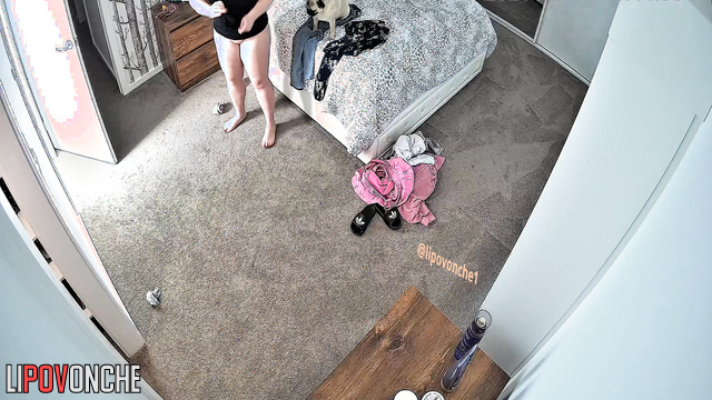 Chubby lady dressing for work and playing with her small chubby friend