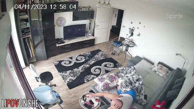 Gray-haired man was distracted from watching TV with a blowjob