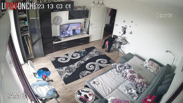 Gray-haired man was distracted from watching TV with a blowjob