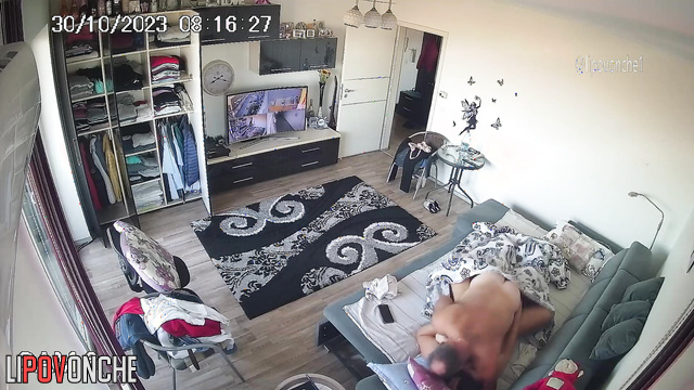 Couple dressing fast after gorgeous sex (living room)