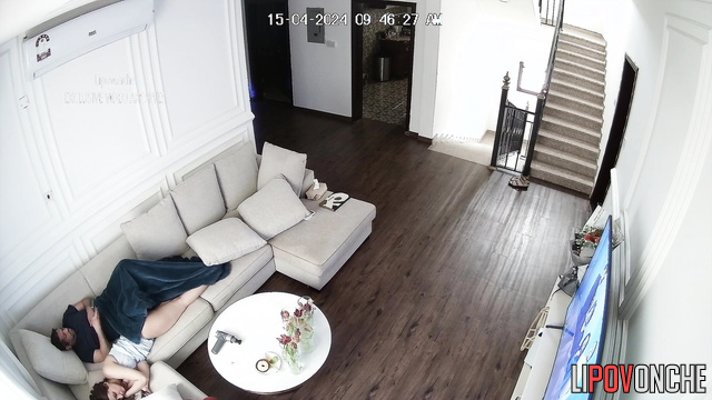 Ex-couple enjoying each other on the huge white sofa