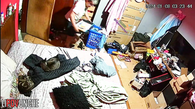 Couple ate in bed and fucked in a dirty room on the bed