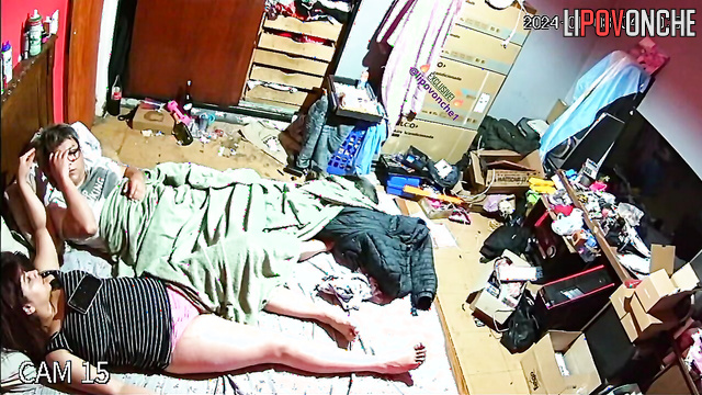 Couple ate in bed and fucked in a dirty room on the bed