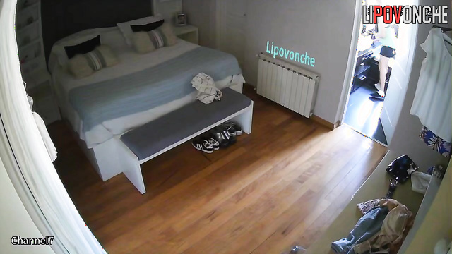 Blonde with big tits walks naked around the room after shower