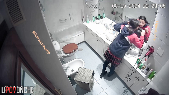 Brunette peeing in the bathroom and thinking about a quarrel with her boy