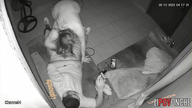Guy teasing her chubby girlfriend on the sofa (night tape)