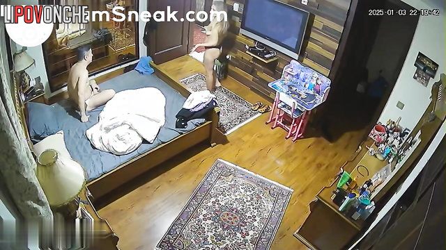 A cunning blonde decided to seduce her husband with her gorgeous bare breasts