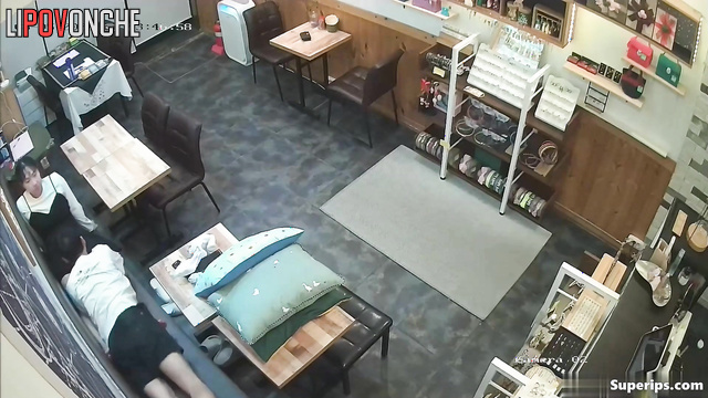 Asian couple fucks in the cafe hall when all the visitors have left
