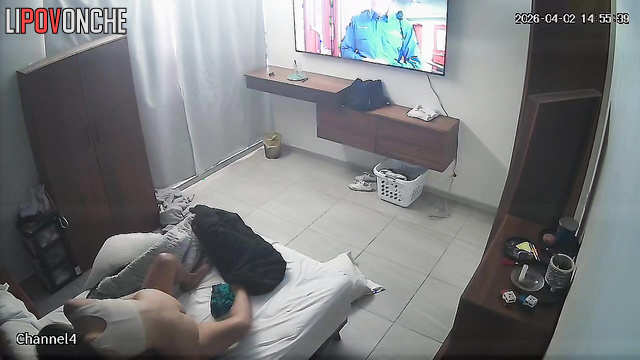 An aroused husband wiggles his erect cock to seduce his attractive wife
