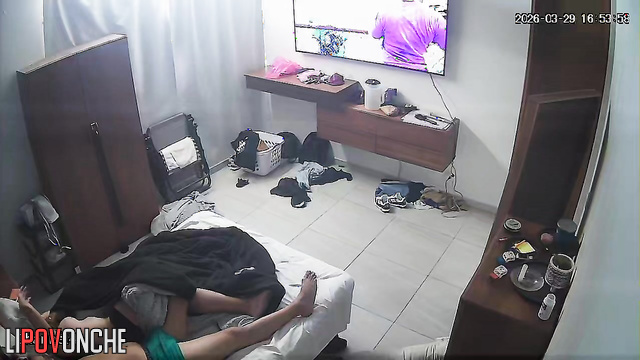 A bored wife plays with her husband's big cock under her panties