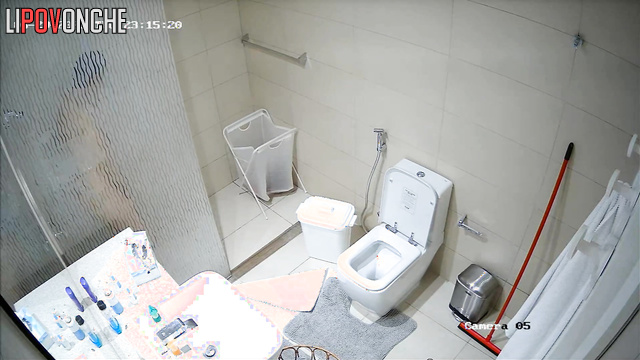 A seductive mommy completely undresses before peeing and taking a shower