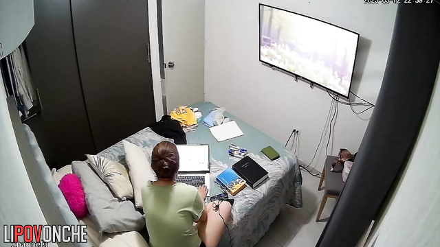 After working on her laptop, the seductive mommy went to take a shower