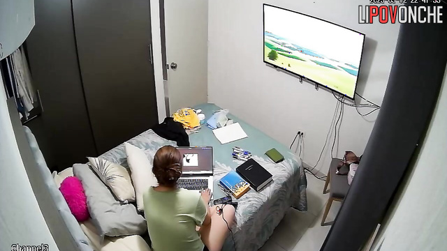 After working on her laptop, the seductive mommy went to take a shower