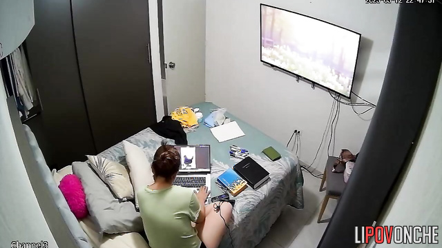 After working on her laptop, the seductive mommy went to take a shower