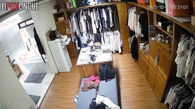 A completely naked, pretty brunette is picking out an outfit in her wardrobe