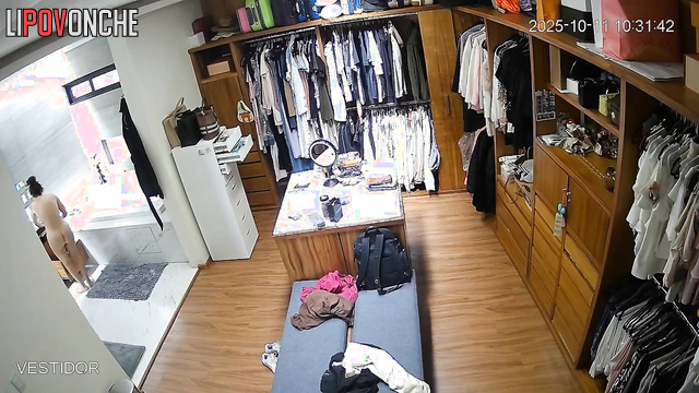 A completely naked, pretty brunette is picking out an outfit in her wardrobe