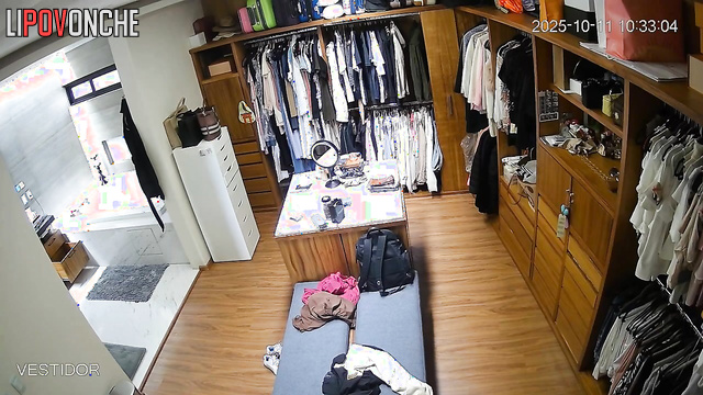 A completely naked, pretty brunette is picking out an outfit in her wardrobe