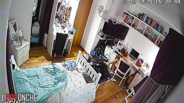 Redhead girl forgot to turn off camera and she walked naked all day