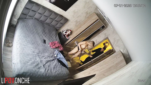He kissed his busty girlfriend and then she started doing home stuff nude