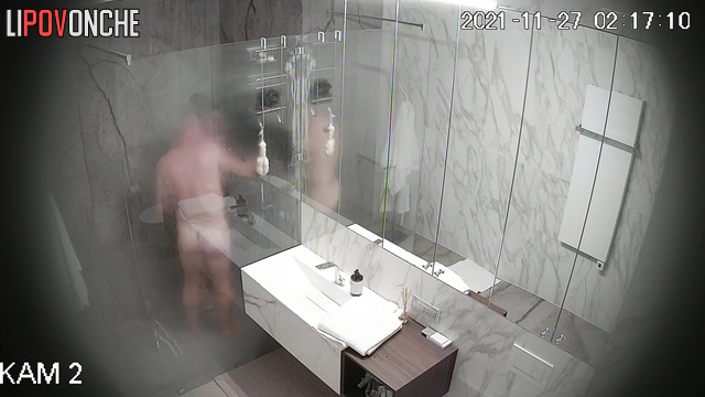 A man with an erection watches as his wife undresses before taking a shower