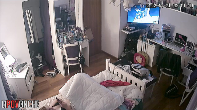 After her orgasm, the redheaded girl pulls her panties up over her bare bottom