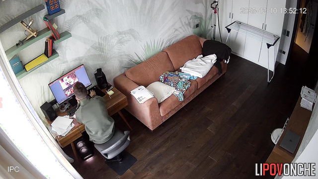 While his skinny wife sleeps, her husband secretly watches porn on the computer