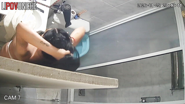 A pregnant girl with beautiful tattoos is too shy to take off her panties right away