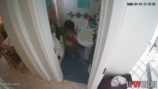 A sexy brunette plays on her phone while peeing in the toilet