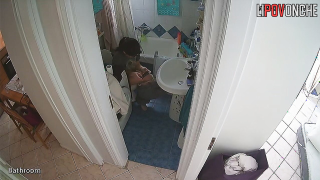 A sexy brunette plays on her phone while peeing in the toilet
