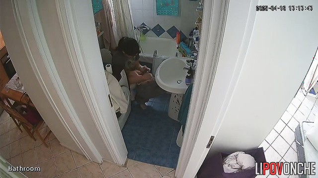 A sexy brunette plays on her phone while peeing in the toilet