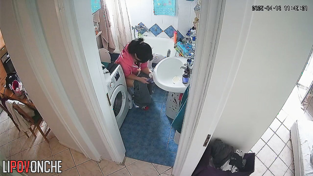 The cutie is typing a message in the chat app while also peeing