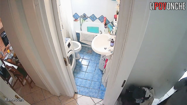 A beautiful girl with her bare ass tidies her hair in the bathroom while peeing